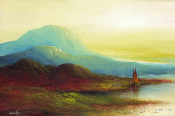 Raffaele Nobile, Paesaggio lacustre con imbarcazioni e monti in lontananza, tempera grassa e olio su cartone, cm 45x39, firmato, entro cornice.