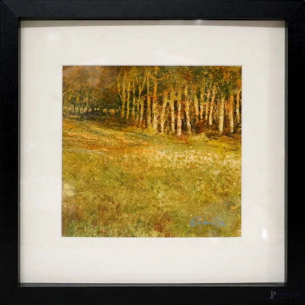 Enric Solanilla (1963), L’eco del bosco dorato, tecnica mista su carta, cm 19x19, con passepartout cm 29x30, firmato in basso a destra, entro cornice