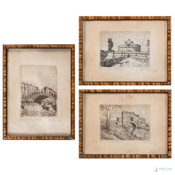 Lotto di tre incisioni raffiguranti Ponte di Rialto a Venezia, Ponte Nomentano a Roma e Castel Sant'Angelo a Roma, XX secolo, cm 23x16,5, entro cornice, (segni di usura, foxing, tracce di umidità, gore, ondulazioni della carta)