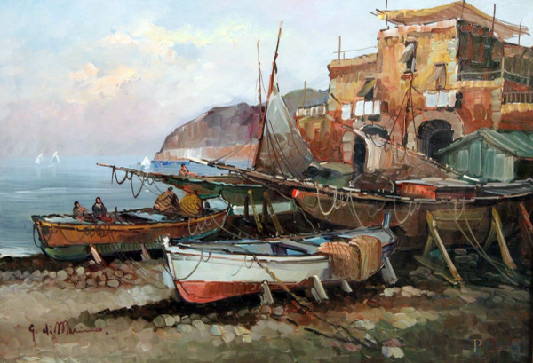 Paesaggio con barche in secca, olio su tela, 68x50, entro cornice firmato G.Di Marino