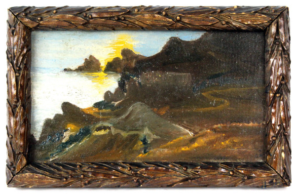 Paesaggio costiero, olio su tavola, cm. 15x26, XIX secolo, entro cornice.