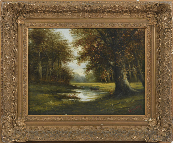 Paesaggio boschivo con ruscello, XX secolo, olio su tavoletta, cm 31x40,5, firmato in basso a destra, entro cornice