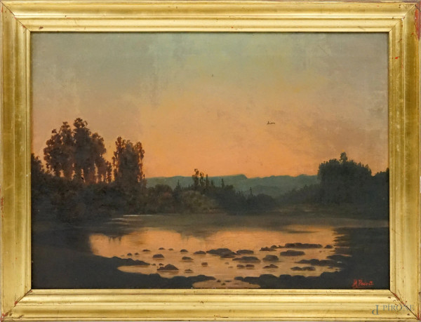 Paesaggio al tramonto, olio su tela, cm 45x53, firmato, entro cornice, (difetti)