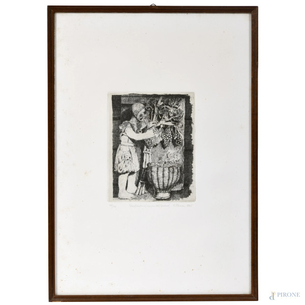 Ferrari R., Vendemmia (Museo del Duomo), acquaforte, cm 50x34,5, es. 15/150, firmato e datato "1975" in basso a destra, entro cornice (foxing, segni di umidità)