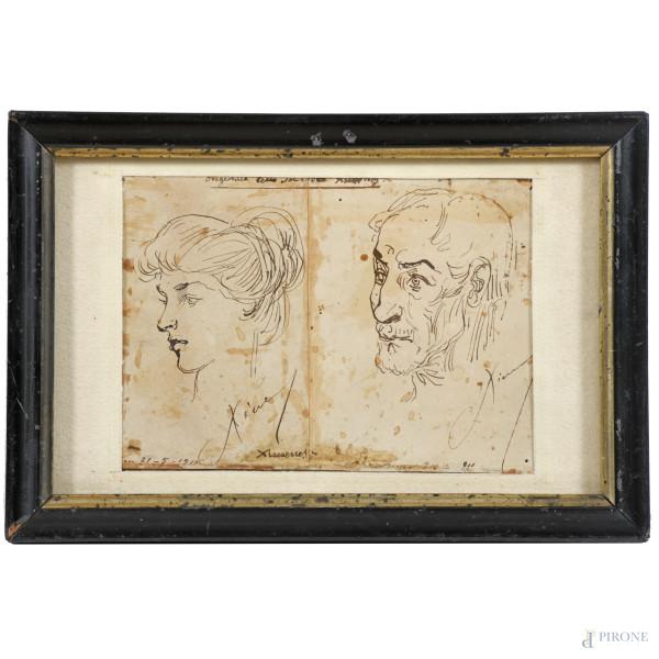 Studio di volti, XX secolo, china su carta, cm 11x18 compreso passepartout, entro cornice, (segni di usura, foxing, gore, tracce di umidità, fori, lacerazioni, difetti)