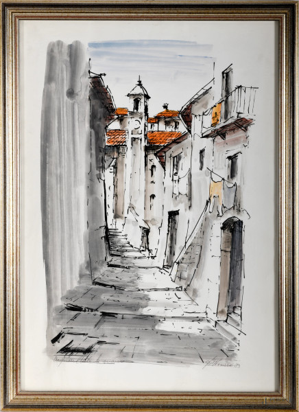 Scorcio di paese, stampa acquerellata a mano, XX secolo, firmato in basso a destra, cm 65x45 entro cornice