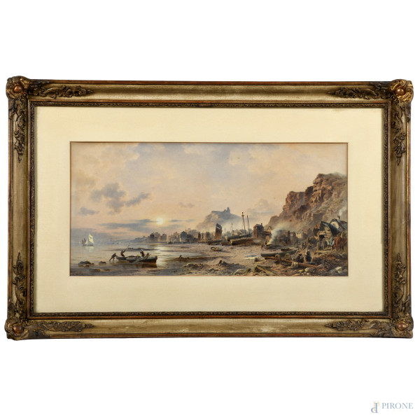 Ernst Rieck (1832-1858), Hastings, tecnica mista su carta, cm 44x76 compreso passepartout, firmato e titolato in basso a sinistra, entro cornice, (segni di usura, ossidazione, lieve foxing)