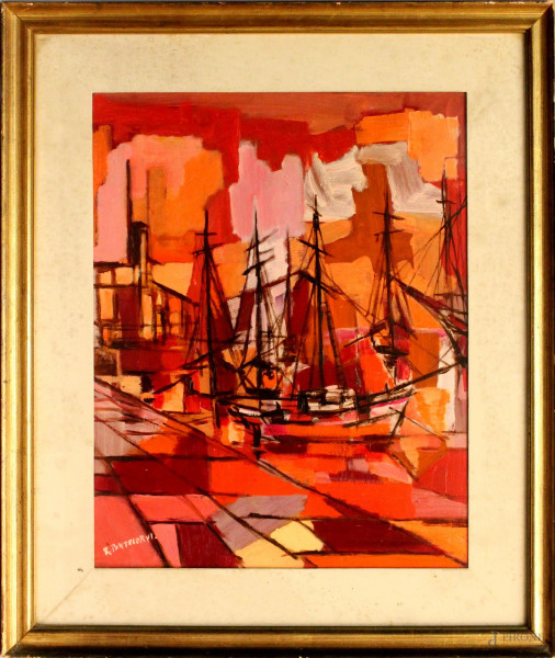 Molo con barche, olio su tela 59x48 cm, firmato R.Pontecorvi, entro cornice.
