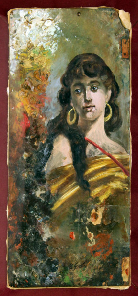 Pittore del XIX sec., Ritratto di fanciulla, olio su masonite, cm 34x15.