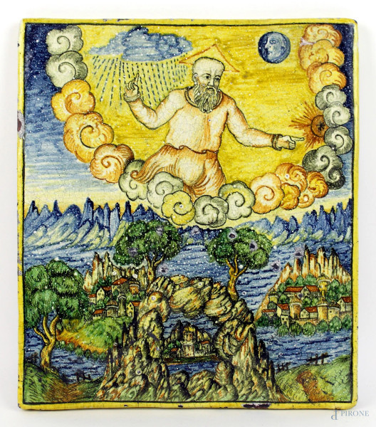 Antica placca istoriata raffigurante la Creazione, terracotta policroma, cm. 28,5x25,5, (lievi difetti)