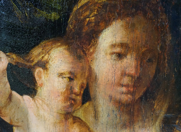 Scuola veneta del XVI secolo e restauratore moderno, Madonna con il Bambino e San Giovannino, oli...
