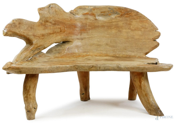 Panca in legno di ulivo, XX secolo, cm h 86x132x61 circa, (difetti)
