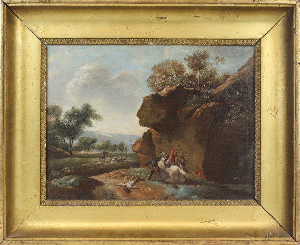 Pittore del XVIII secolo, Paesaggio con briganti, olio su tavola, cm 28,5x38, entro cornice, (lievi difetti).