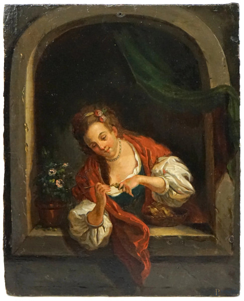 Scuola olandese del XVIII-XIX secolo, Giovane donna che sfama degli uccellini, olio su tavola, cm 22,7x18,5, (piccoli difetti).