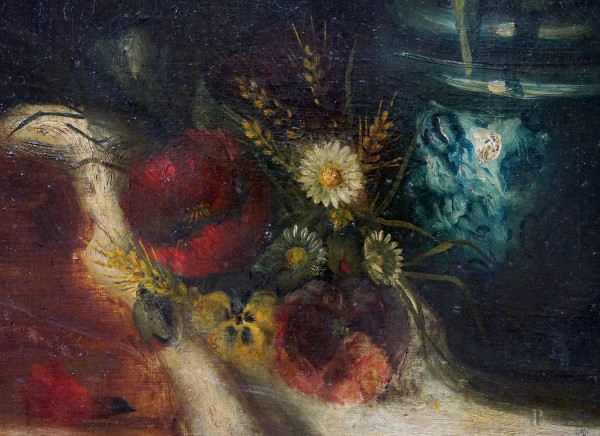 Pittore del XIX-XX secolo, Natura morta con Fritillaria Imperialis, fiori, pane e brocca, olio su...