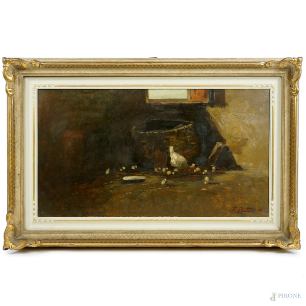 Ferruccio Rontini - Galline e pulcini, olio su tavola, firmato e datato in basso a destra F. Rontini [19]36, cm 36,7x65,3, entro cornice