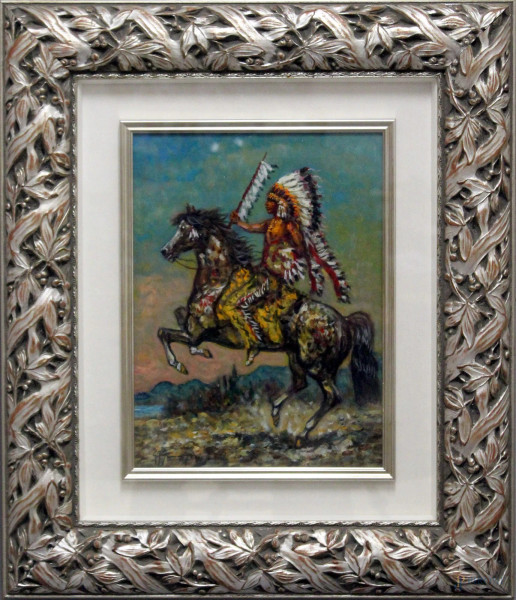 Capo indiano Sioux, olio su tela, cm. 40x30, entro cornice.