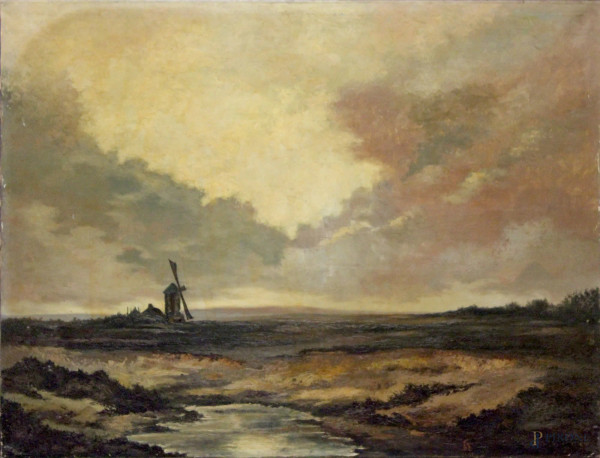 Paesaggio campestre con mulino, olio su tela siglato e datato 1947, cm 106 x 140.