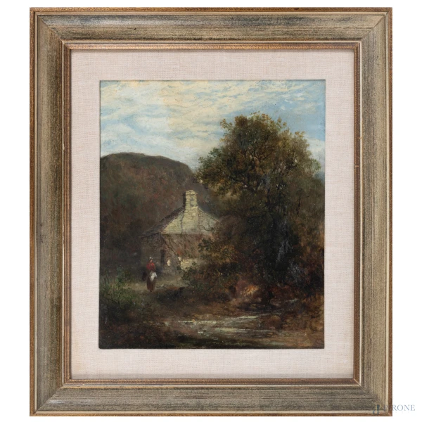 Esterno di casolare con figura, XIX-XX secolo, olio su tela, cm 30,5x25.5, entro cornice, (craquelure e sollevamenti di colore, segni di umidità)
