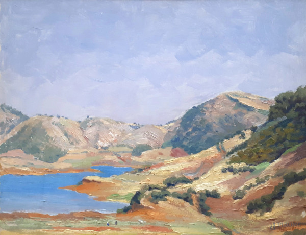 Artista chiarista del 900, Veduta del Lago di Canterno a Fiuggi, olio su tavola, cm 35x45, firmato