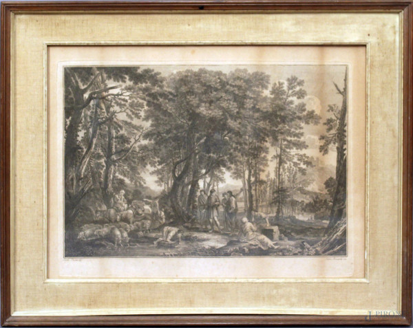 Sante   Pacini - Paesaggio boschivo con figure, acquaforte, incisore Berardo Fabio, cm. 44x60, del 1775, entro cornice.