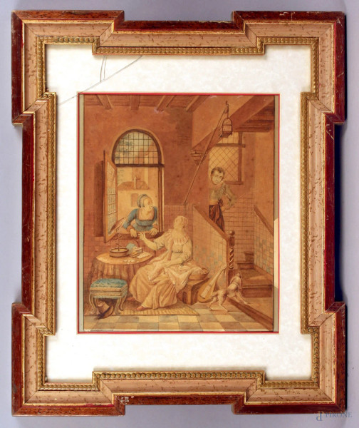 Scuola del nord Europa, interno con fiori, acquarello su carta, cm. 27x22, XIX secolo, entro cornice.