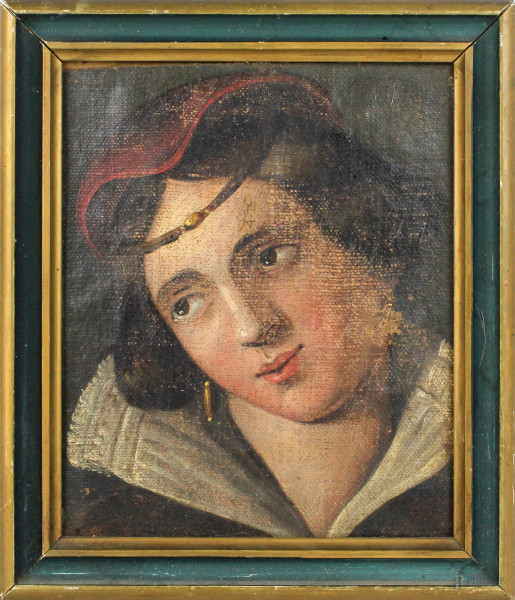 Ritratto di donna, olio su tela, cm. 20,5x17, XVIII secolo, entro cornice.