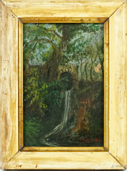 Scorcio boschivo con sorgente d'acqua, olio su cartone, cm 16x11, firmato, entro cornice.