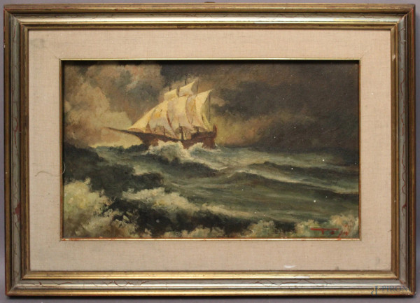 Scorcio di mare in tempesta con veliero, olio su cartone telato 54x33 cm, firmato, entro cornice.