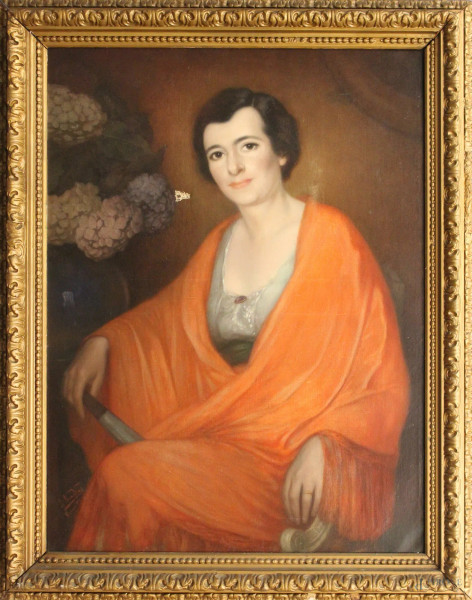 Ritratto di donna, olio su tela 90x68 cm, firmato, entro cornice, (cadute di colore)