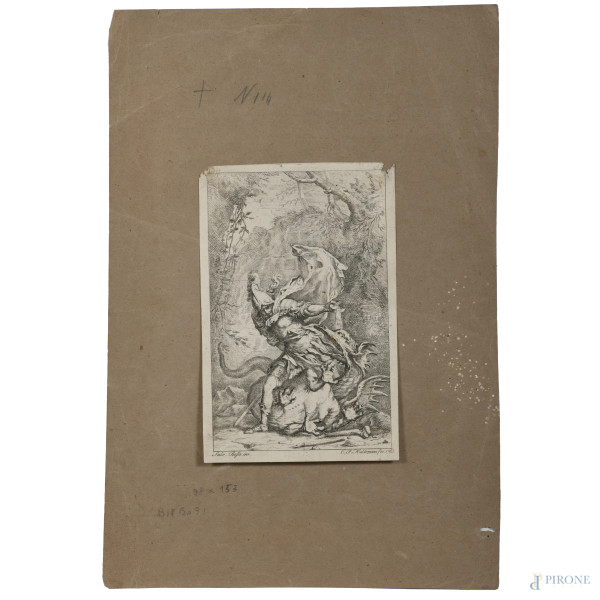 Incisione applicata su cartoncino raffigurante San Giorgio e il drago da disegno di Salvator Rosa, XVIII secolo, cm 16,5x10,5, (segni di usura, lacerazioni, segni di piegatura)