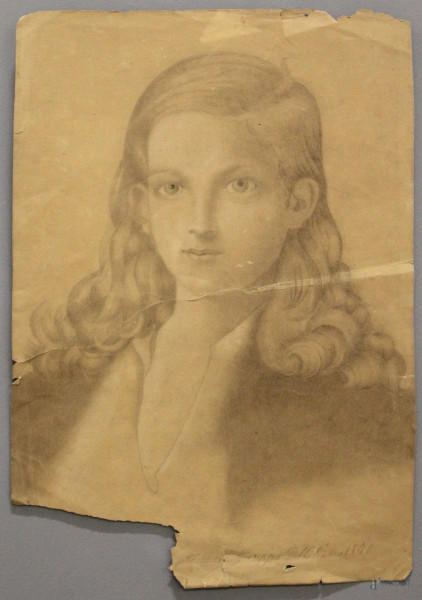 Ritratto di ragazza, disegno su carta, 42x28 cm, firmato e datato