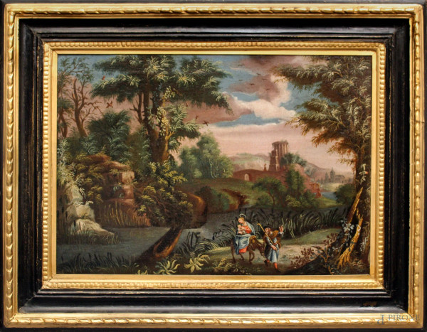 La fuga in egitto, olio su tela, cm.44x63, pittore del XVII sec., entro cornice