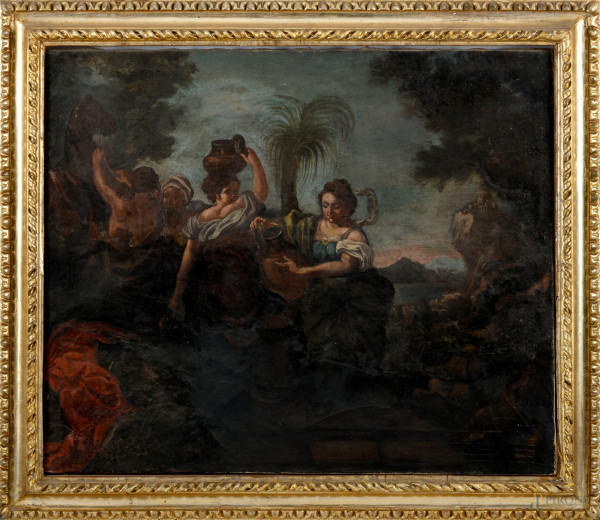 Donne al pozzo, olio su tela, XVIII secolo, cm 60,5x74,5, entro cornice, (difetti)