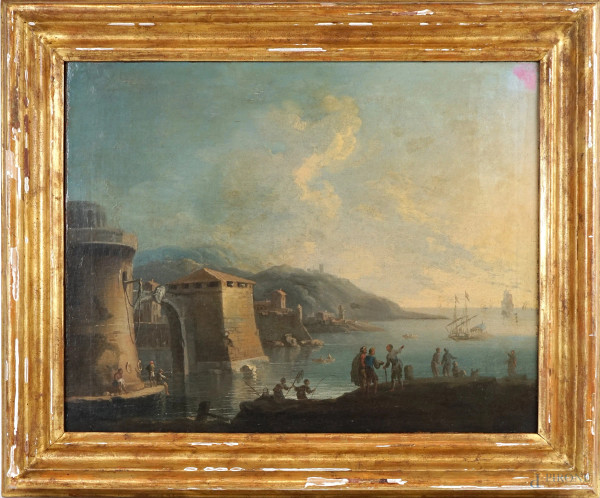 Adrien Manglard (1695-1760) seguace di, Paesaggio costiero con porto e figure, olio su tela, cm 40x51, XVIII secolo, entro cornice.