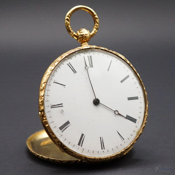 Orologio da taschino, Bautte Geneve, con quadrante a numeri romani, cassa in metallo dorato con decori floreali incisi, diam.cm 4,3, (meccanismo da revisionare)