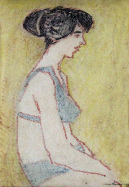 Mino Maccari - Donna in costume, tecnica mista su carta, cm 33 x 23, entro cornice.