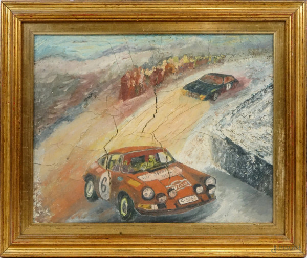 Gara di automobili, olio su tela, cm 40,5x51, XX secolo, entro cornice, (difetti)