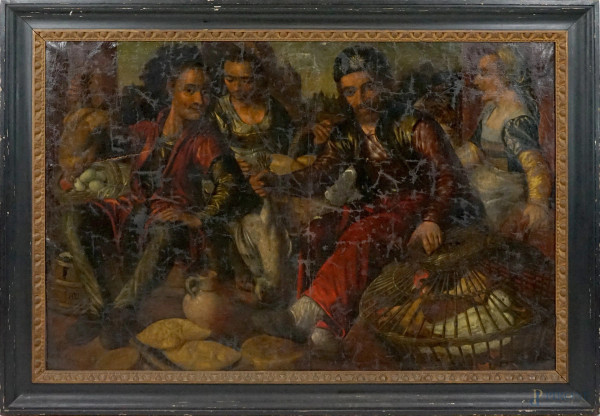 Scena di mercato, olio su tela, cm 106,5x157, siglato AW in basso a sinistra sulla botte, entro cornice, (difetti e restauri)