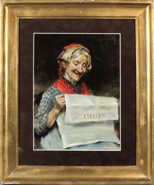 Anziana in lettura, olio su tela, cm. 33x25, firmato C. Gilardi, entro cornice.