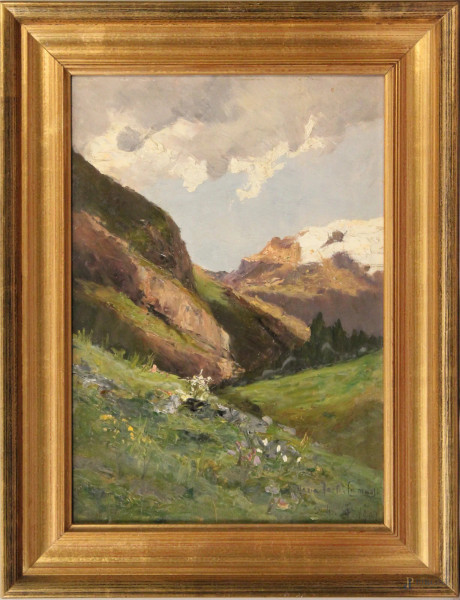 Paesaggio montano, olio su tavola, 25x37 cm, entro cornice, firmato Maria Forti Camussi 1901