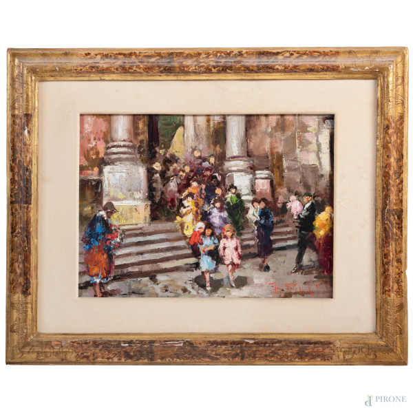 La fine della messa, XX secolo, olio su tela, cm 30x40, firmato in basso a destra, entro cornice