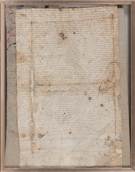 Documento feudale, inchiostro su pergamena, cm 52x33, (segni di usura, lacerazioni, fori, tracce di umidità, difetti, segni di piegatura, strappi)