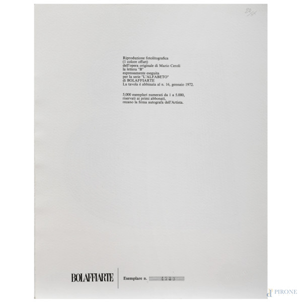 Riproduzione fotolitografica dell'opera di Mario Ceroli "Lettera B", eseguita per la serie Alfabe...
