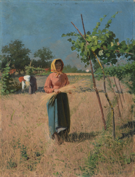 Contadina, XX secolo, olio su tela, cm 49x38, entro cornice, ( craquelure, segni di battitura, ondulazioni della tela, piccole lacerazioni)