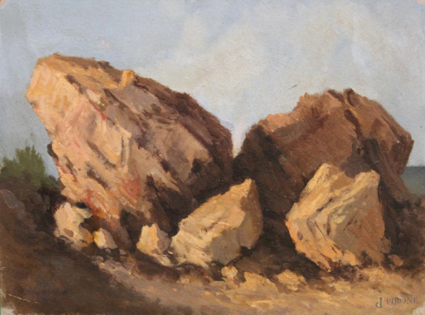 Paesaggio con rocce, olio su cartoncino, 22x30 cm, firmato L.Graziosi
