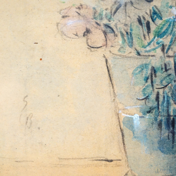 Vaso con fiori, tecnica mista su carta, cm 22x17,5, firmato e datato in basso a destra, entro cor...