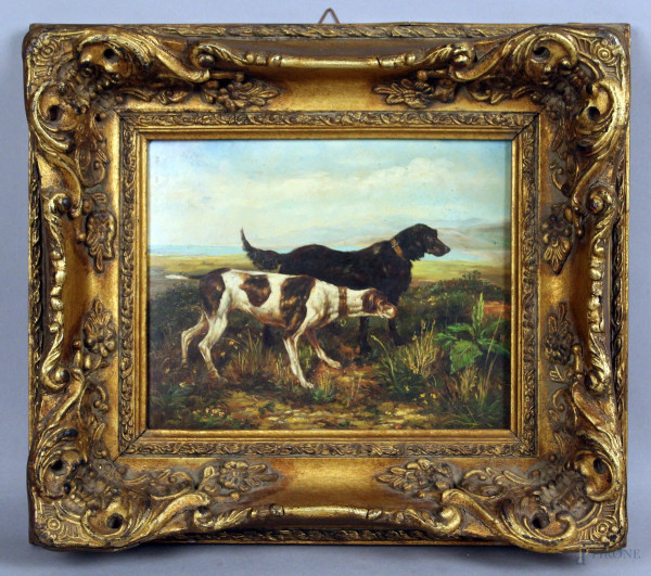 Paesaggio con cani, olio su tavola, periodo XX sec., cm. 20x25, entro cornice.