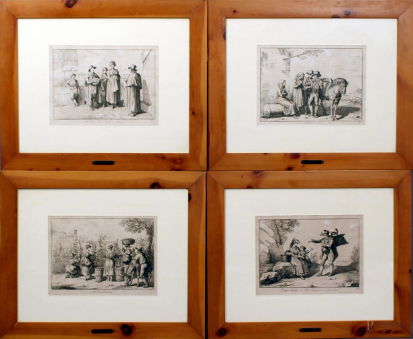 Da Bartolomeo Pinelli, lotto di quattro incisioni del XX secolo, raffiguranti scene di genere, cm. 22x30, entro cornici.