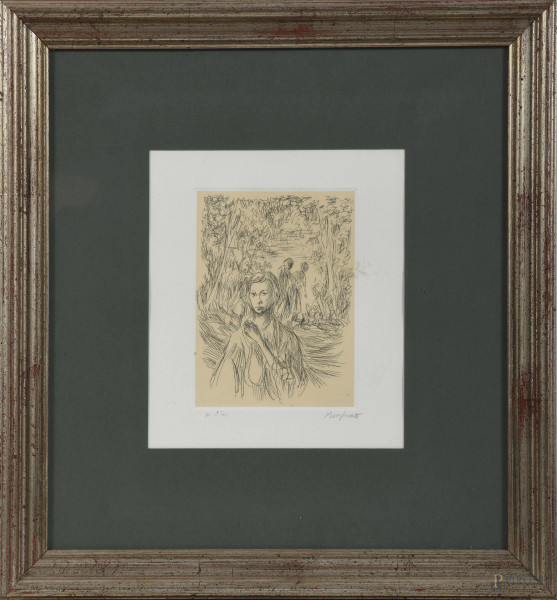 Domenico Purificato (1915-1984), Figure, litografia P.D.A., cm 36x33 compreso passepartout, firmato in basso a destra, entro cornice, (lievi tracce di umidità, foxing)